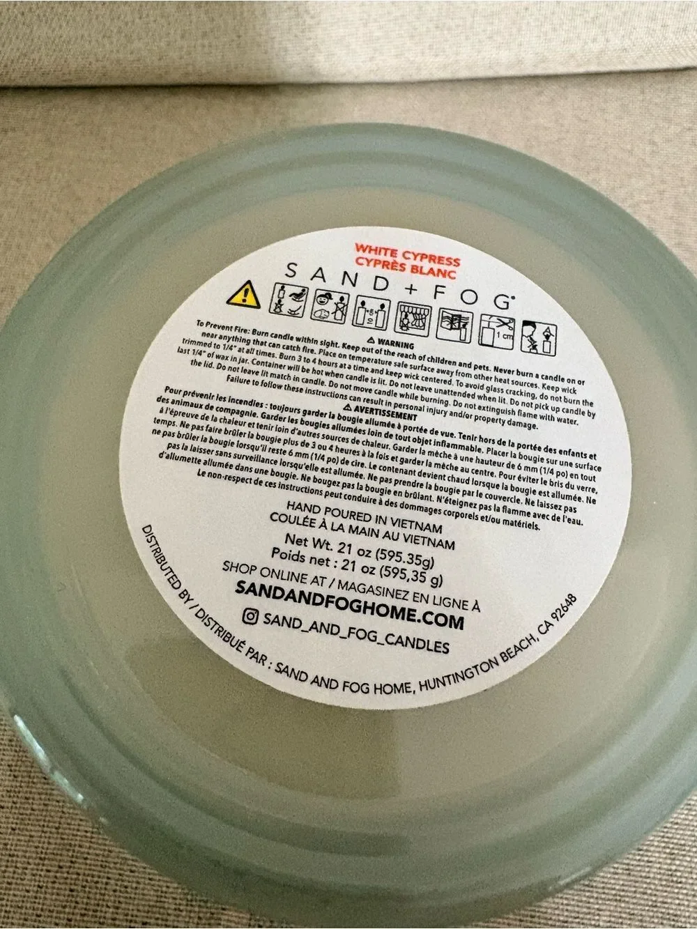 Sand + Fog White Cypress Natural Wax Blend 3 Wick Candle  New. 21 ounce